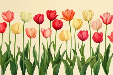Vibrant display of tulips in various colors against soft background creating cheerful spring aesthetic for home decor and design projects