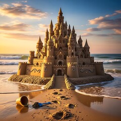 A magnificent sandcastle, intricately detailed and grand, stands on the beach at sunrise, showcasing artistry and creativity.