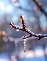 Iced tree branch in sunlight