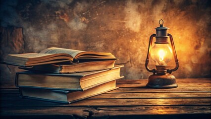 A vintage stack of old books with a burning candle on a wooden table, creating a warm, inviting light for reading