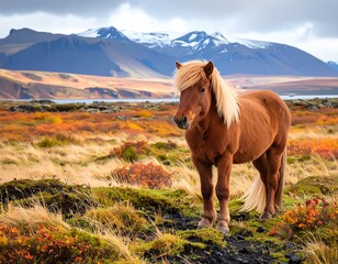 Icelandic horse in autumnal landscape
