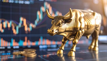 A golden bull statue in focus, positioned before a blurred chart displaying fluctuating financial data with light and shadows