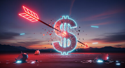 Shattered Neon Dollar Sign Impaled by Glowing Arrow.