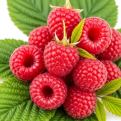 Close-up of a cluster of vibrant red raspberries, showcasing their textured skin and surrounding fresh green leaves on a white background.