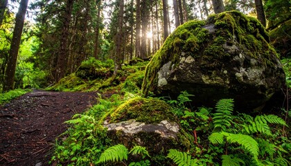 Obraz premium Serene forest path with mossy rocks, ferns, and dappled sunlight filtering through trees.