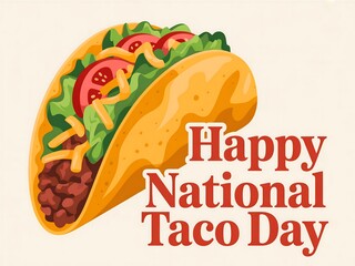 Happy national taco day illustration with taco on a white background