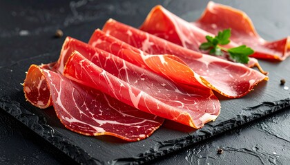 Thinly sliced premium cured ham or prosciutto, garnished on dark slate.