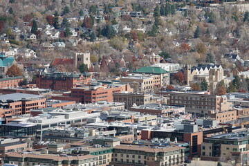 Naklejka premium Winter Cityscape of Downtown Boulder, Colorado from Flagstaff Mountain