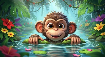 A cheerful chimpanzee, with large, expressive eyes, floats in a tranquil jungle stream, surrounded by vibrant flowers and lush foliage.