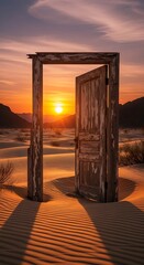 A weathered wooden door, ajar at dawn, unveils a breathtaking desert vista bathed in the golden hues of sunrise.