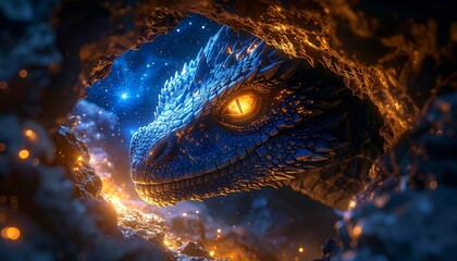 Head of a celestial dragon peeking out of a star-lit cave, glowing cosmic eyes