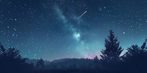 A shooting star streaks across a vast, starry night sky over silhouetted trees and rolling hills.