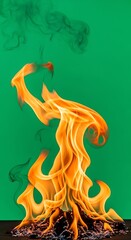 Burning Flames Against Green Background.