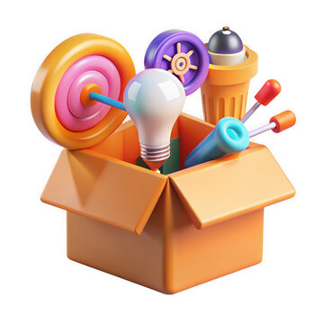 Cardboard box filled with colorful cartoon objects isolated on transparent background