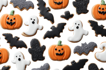 Halloween cookies, frosted in black, white, and orange, in a repeating pattern