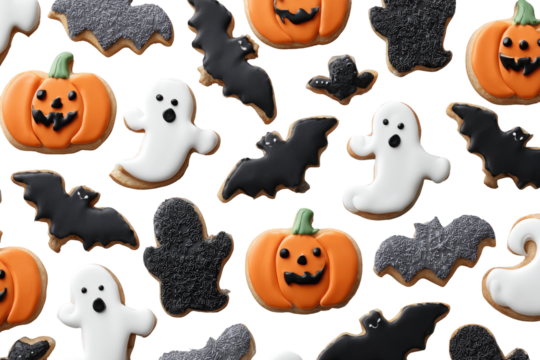 Halloween cookies, frosted in black, white, and orange, in a repeating pattern