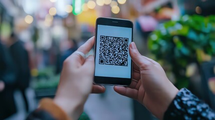 Customer scanning a qr code on a smartphone in a city to get information and access to digital services