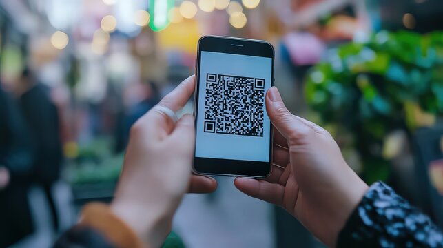 Customer scanning a qr code on a smartphone in a city to get information and access to digital services - Powered by Adobe