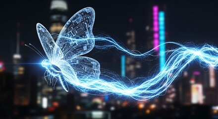 A digital butterfly, outlined with glowing light trails, takes flight above a city at night, showcasing a futuristic, ethereal scene.