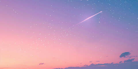 Magical shooting star streaks across a dreamy pastel twilight sky filled with stars.