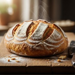 A freshly baked loaf of artisan bread, dusted with flour, sits steaming on a rustic wooden board, showcasing its golden-brown crust and intricate patterns.