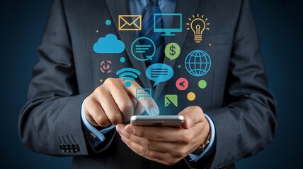 Businessman using smartphone with digital icons representing communication and finance