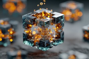 Abstract Interconnected Cubes with Glowing Core and Transparent Material