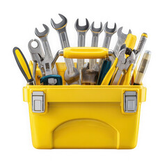 Bright yellow toolbox filled with assorted metal hand tools ready for use transparent background