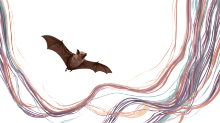 Bat soaring through the air with colorful artistic lines, a dynamic, magical illustration isolated on white background