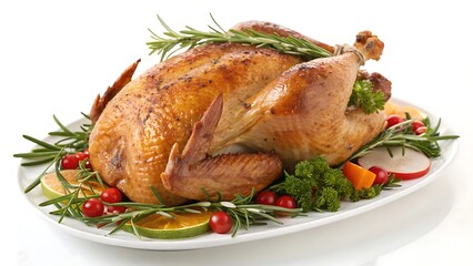 Roasted turkey garnished with fresh herbs and vegetables. AI GENERATED.