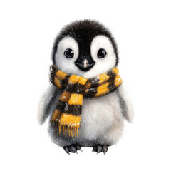Fototapeta premium Cute baby penguin wearing a yellow and black striped winter scarf, fluffy chick illustration for greeting cards isolated on Transparent Background
