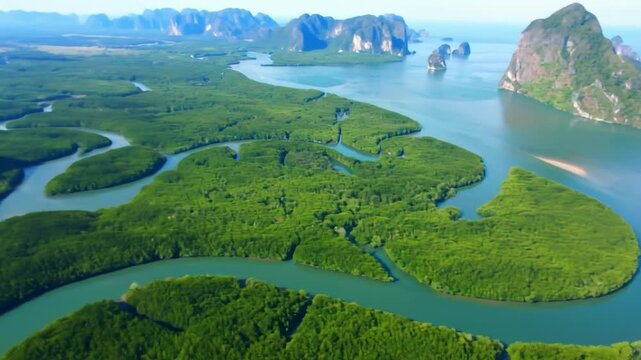 Aerial view of lush green islands and turquoise waters, featuring mountainous backdrops
