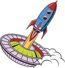 🚀 Vibrant retro blue rocket blasting off with fiery energy, symbolizing dreams, speed, and space adventure—perfect for posters, t-shirts, branding, or digital art projects.