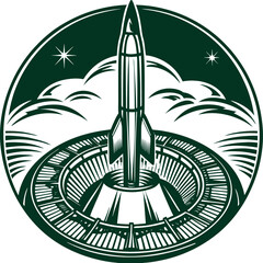 Bold retro-style rocket launch badge featuring stars, clouds, and dynamic lines. Perfect for space exploration themes, science projects, futuristic branding, and creative designs.