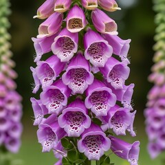 Close-up of a vibrant cluster of purple foxglove flowers, showcasing intricate details and delicate textures.