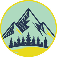 Stylish mountain circle badge with pine trees and modern colors. A perfect design for outdoor lovers, hikers, travelers, and nature enthusiasts who love adventure.
