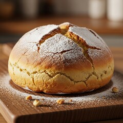 A delightful round loaf of bread, dusted with powdered sugar, sits on a wooden cutting board, showcasing its golden-brown crust and textures.
