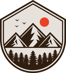 Minimal mountain badge with pine trees, flying birds, and a bold red sun. A perfect adventure emblem for hikers, travelers, campers, and outdoor lifestyle lovers.