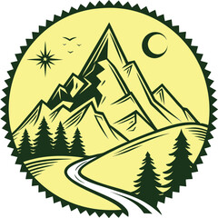 Bold mountain peaks, winding road, pine forest, and night sky create a timeless emblem for travelers, hikers, and outdoor lovers seeking freedom and wild adventures.