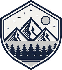 Stylish vector badge logo featuring sharp mountains, dense pine forest, and a glowing moon with stars, ideal for outdoor branding, adventure themes, and travel designs.