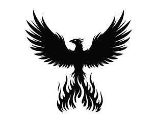Fiery phoenix bird silhouette with outstretched wings and flames perfect for tattoo designs and mythical creature illustrations