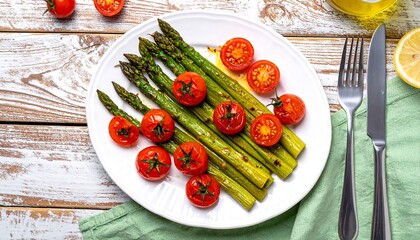 Roasted asparagus and cherry tomatoes on a plate