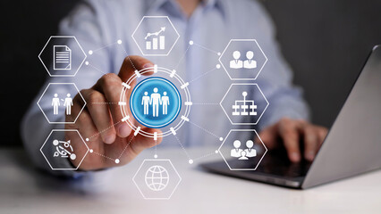 Professional manager analyzing team performance and business growth using digital interface technology