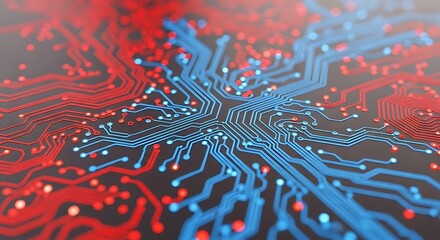 Close-up view of intricate red and blue circuit board pathways, showcasing the complex network of connections on a dark background.