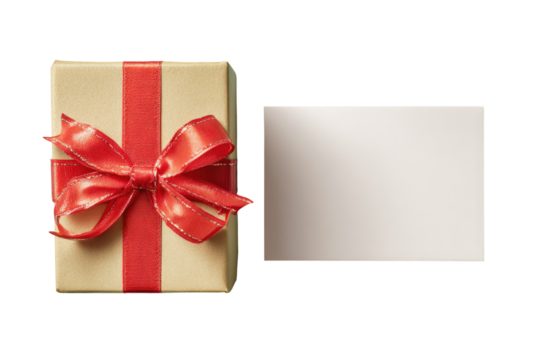 Gift box with red ribbon and blank card