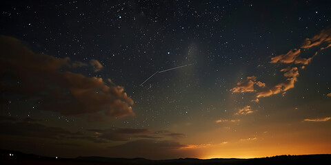 Vast night sky filled with twinkling stars and dramatic clouds over a glowing horizon.