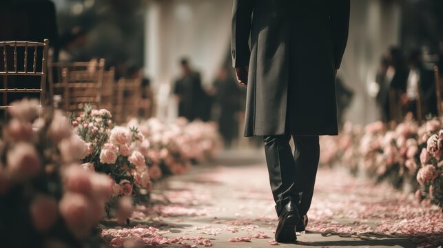 A person walks down an aisle decorated with pink roses and petals, dressed formally in a black coat and trousers, suggesting a wedding or elegant event.