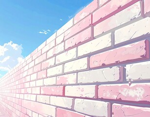 Pastel pink and white brick wall stretches into a bright sky