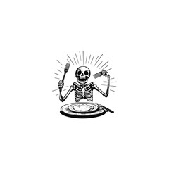 Humorous and creepy monochrome illustration of a grinning human skeleton holding a fork and knife, seated behind an empty dinner plate.