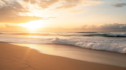 Obraz premium Serene golden sunrise over minimalist sandy beach with soft ocean waves, wide empty foreground perfect as clean background for product advertising, branding visuals or modern text overlay.